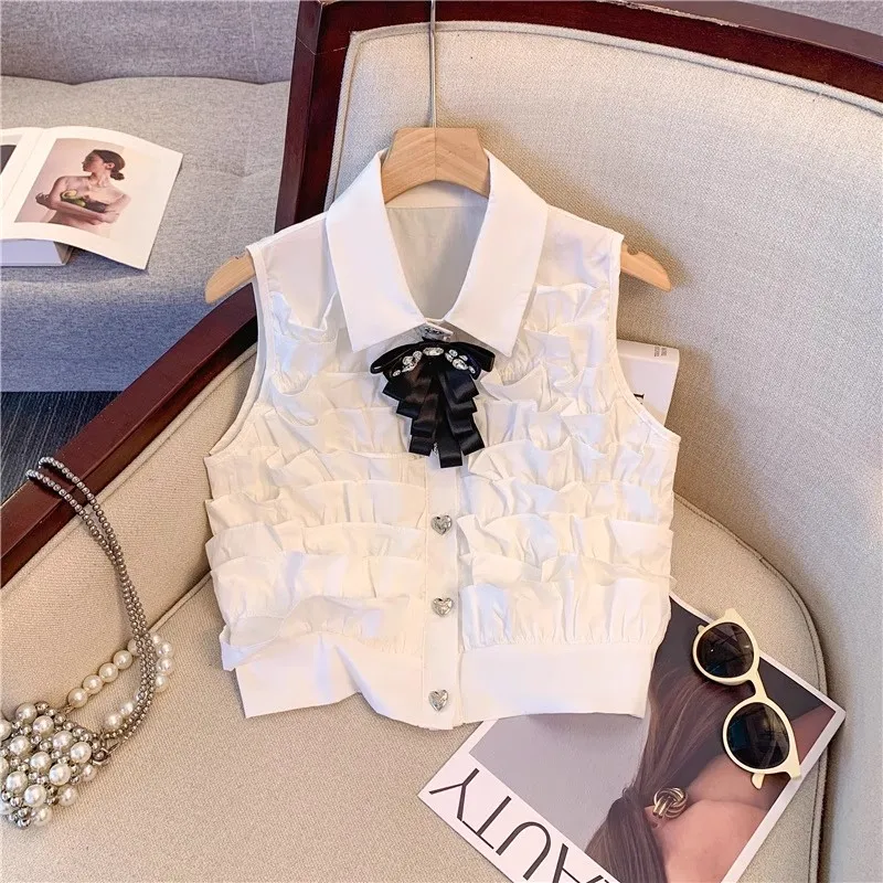 

Summer French Commuter White Tank Top Shirt Women 2024 New High Quality 3D Bow Tie Nail Diamond Layered Slim Elegant Polo Top