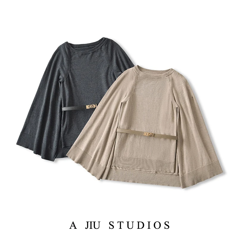 

Korean Sle Slim Fit Knitted oulder Wrap Coat with Belt Waist Cinching Long Sve round Ne Pure Color Spring Autumn