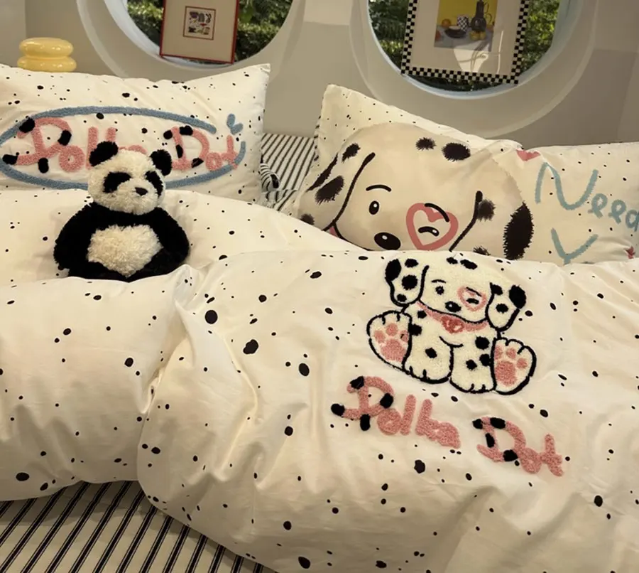 

Cute towel embroidery dalmatian stripes bed set,twin full queen spotted dog cotton home textile bed sheet pillowcase quilt cover