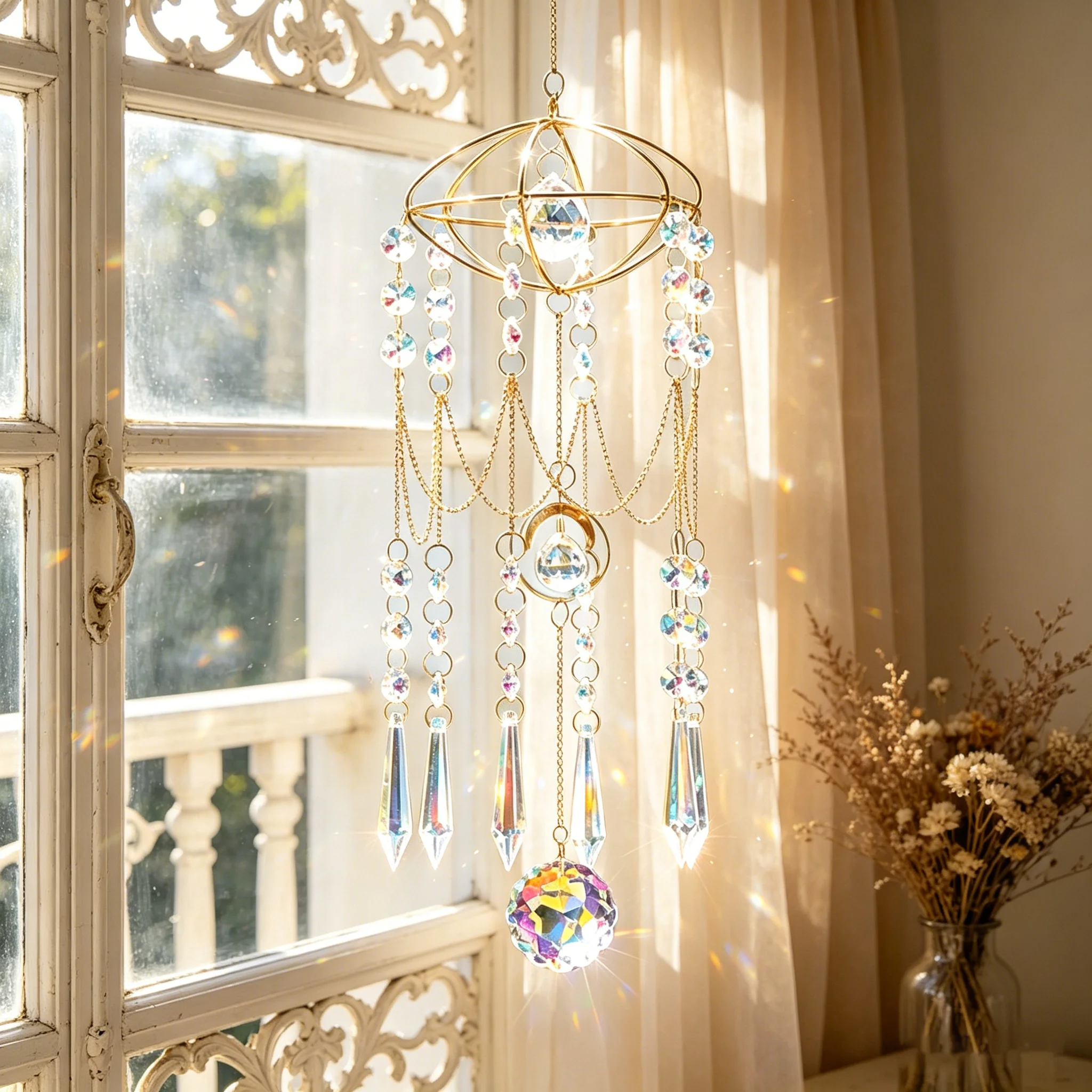 Gold Metal Frame AB Color Crystal Suncatcher Rainbow Prism Hanging Ornament Window Garden Home Luxury Decor Pendant