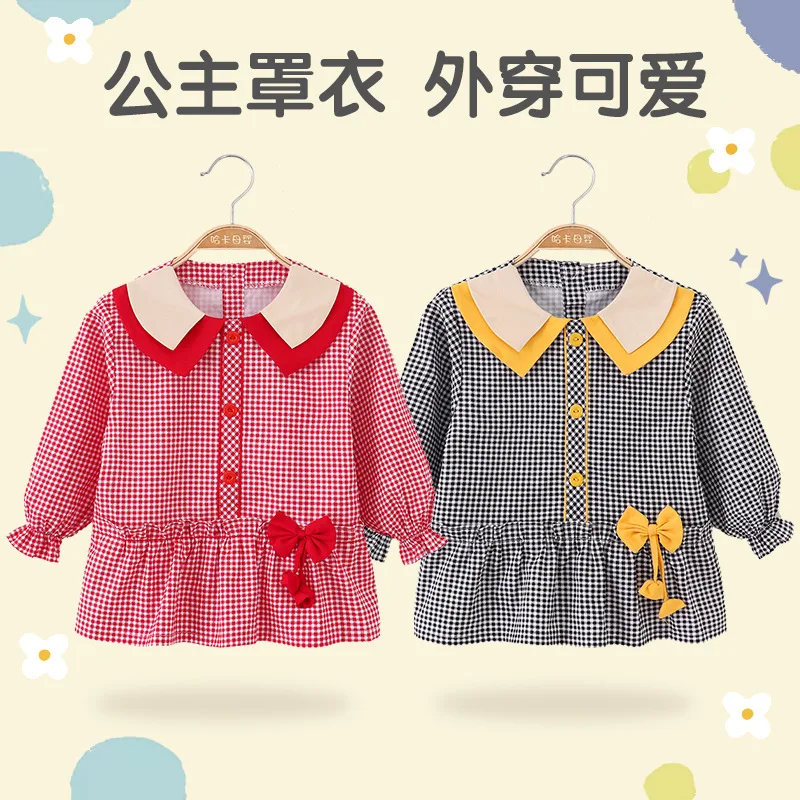 Cotton Plaid Overclothes Baby Girl Apron Children Eating Bib Pinny Waterproof Anti-Dirty Breathable Spring and Autumn Outer Wear