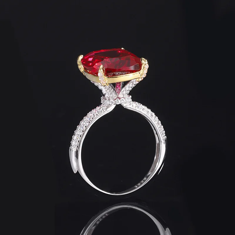 New S925 Silver Color Treasure Emerald Red Treasure Rectangular Ring Main Stone 12 * 14 Jewelry Wholesale