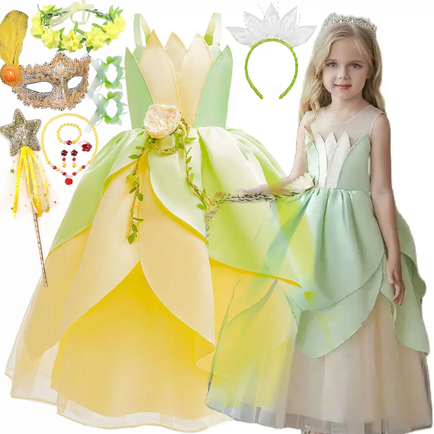 

Tiana Cosplay Costume for Girls Fancy Princess Cosplay The Frog Dress Carnival Birthday Party Kids Frock Ball Gowns Clothes 2-11