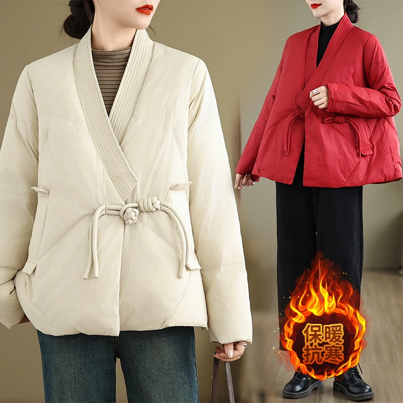 

Loose Fit Cotton Jaet Women's V-Ne Pure Color Korean Sle Winter Coat with Belt Thiened Cotton down Alternative