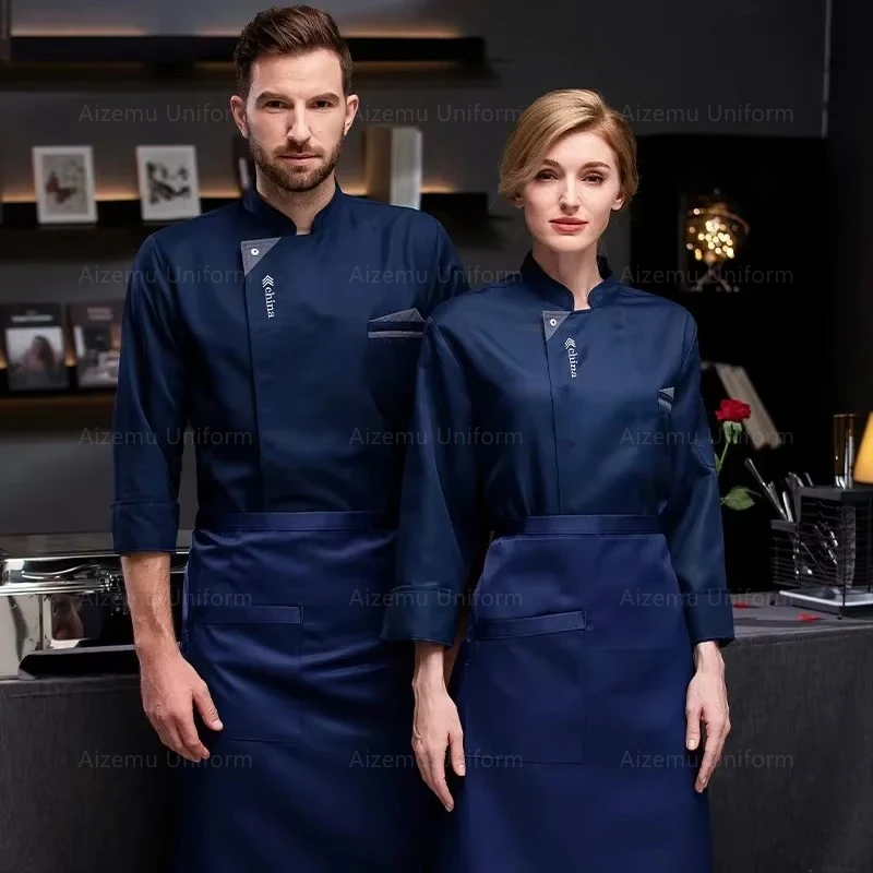 Uniforme de Chef pour hommes, chemise de Chef respirante à manches longues, noir et blanc, veste de Chef de cuisine de Restaurant, tablier, vêtements de travail pour femmes, logo