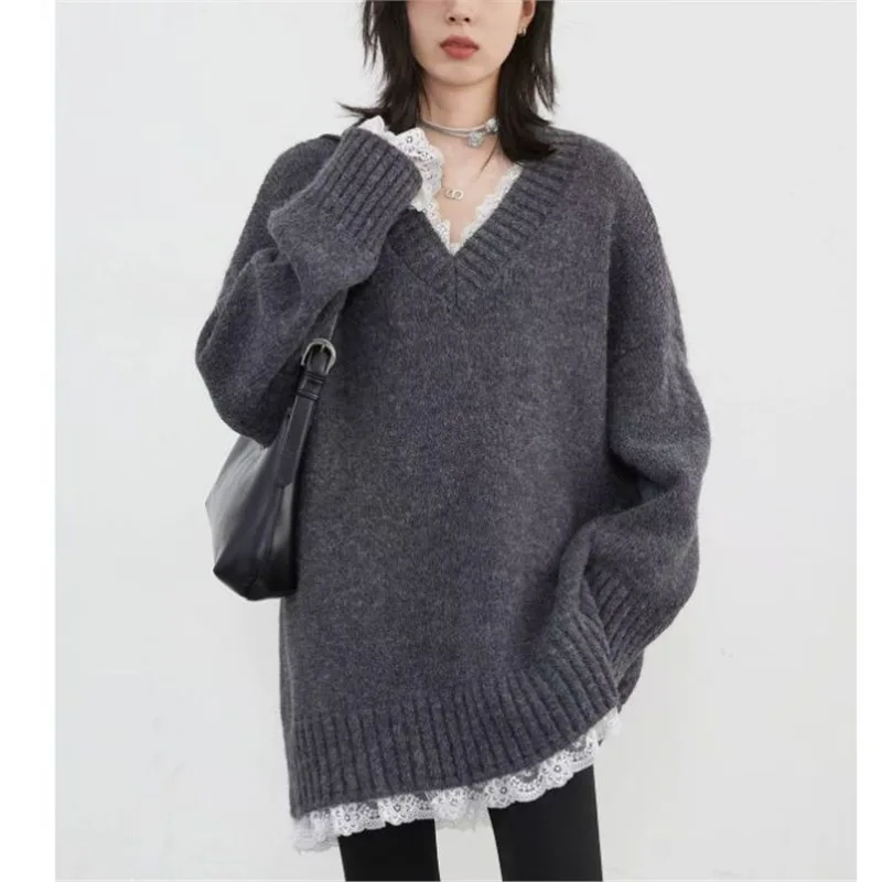 Femmes tricot pull nouveau lâche col en v pulls dentelle Patchwork femme pulls mi-long femme hauts automne hiver