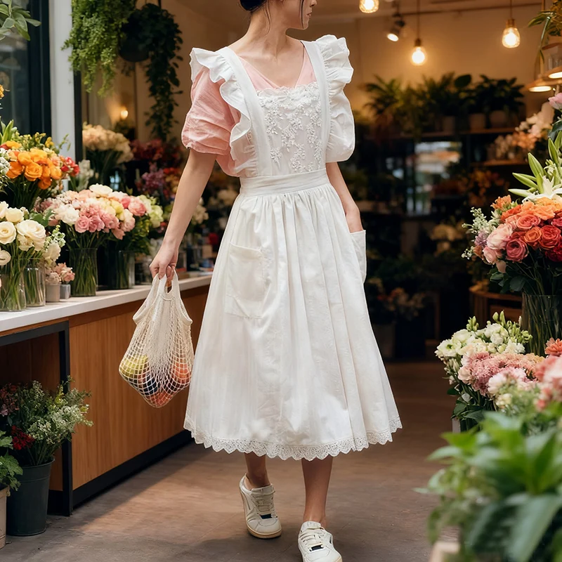 

Cross Back Lace Flower Woman Apron Long Dress Style Elegant Home Restaurant Service Cleaning Pinafore Garden Painting Nail Bib