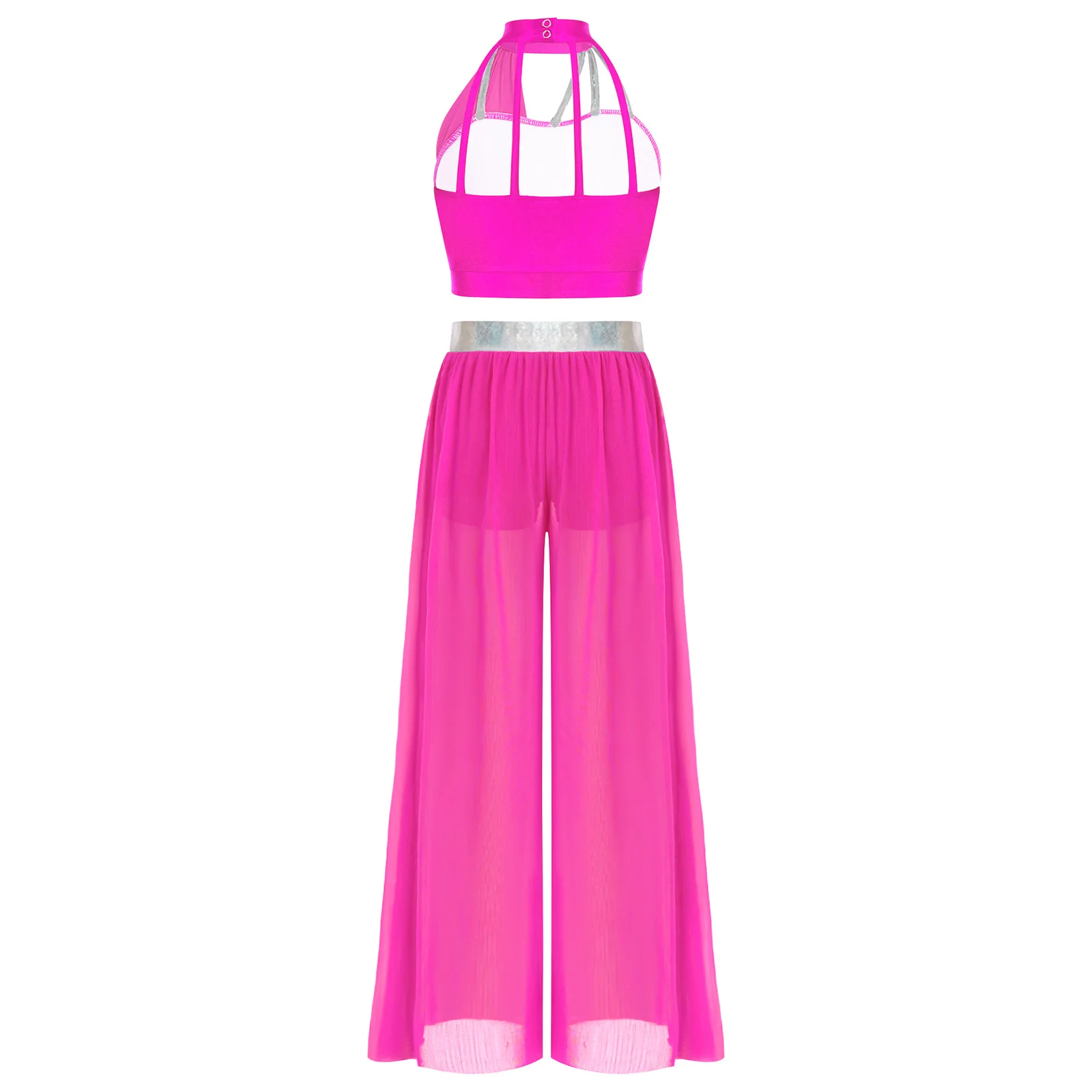 Kids Girls Modern Lyrical Dance Outfit Sleeveless Crop Top Mesh Tulle Pants for Stage Performance Competition Dance Costume