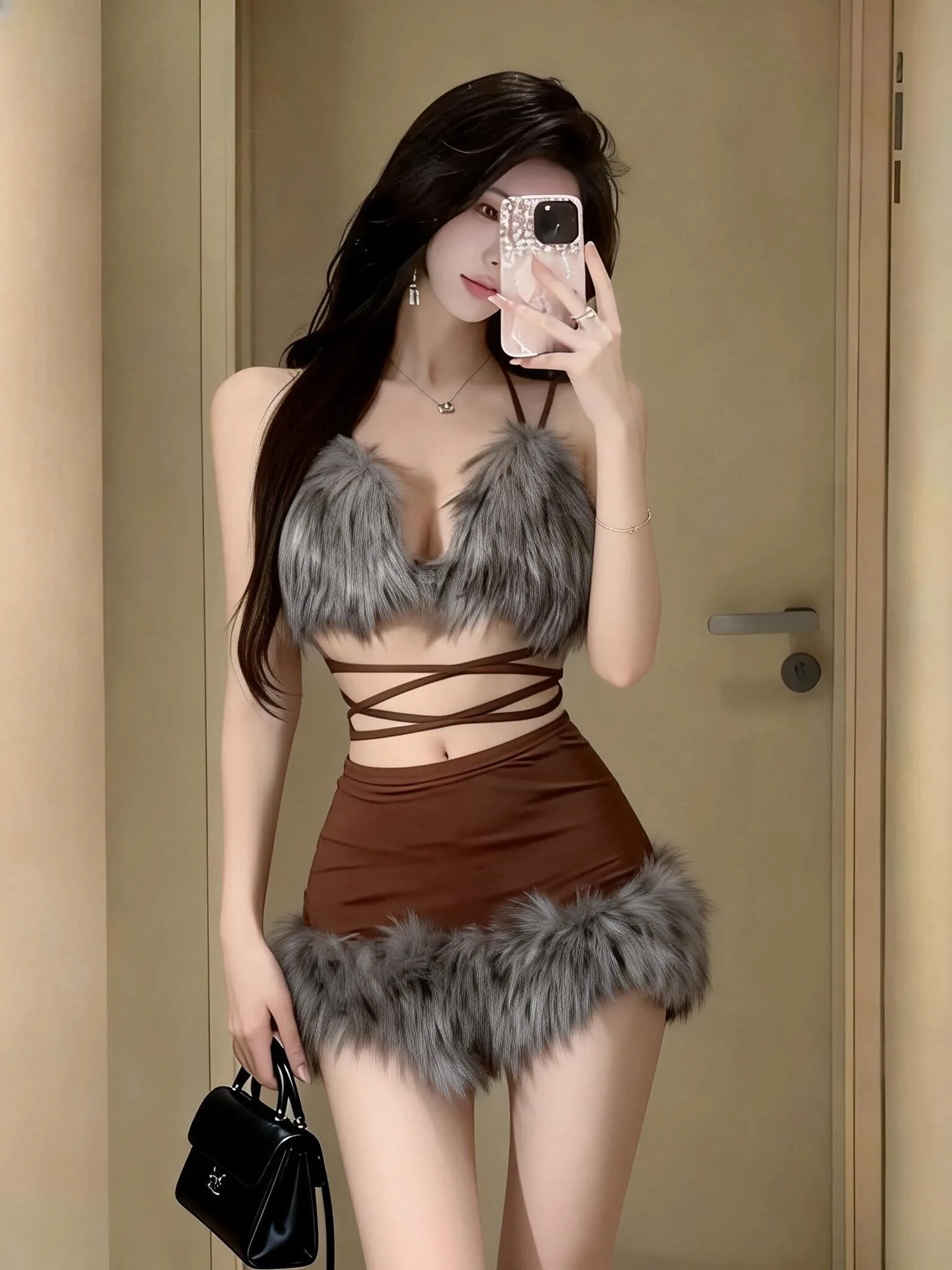 Sexy American Retro Just Dance Binding Strap Crop Top Skirt Set Women's Fashion Short Skirt Two-Piece Suit Furry Halter Neck