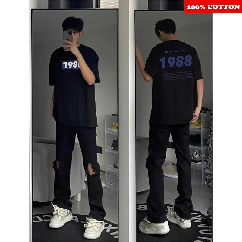 

American Style Digital 10 Print T-shirt Men Summer 2025 New 100_ Cotton Short Sleeve Street Gym Sports Tee Y2k Top Male Clothing