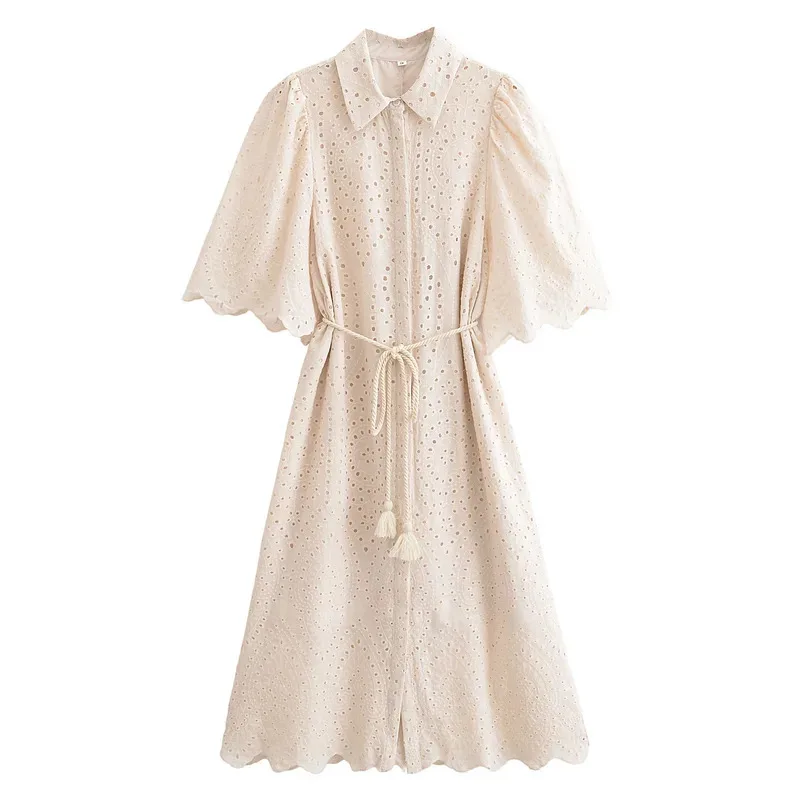 ผู้หญิงRetroฤดูร้อนMidiเสื้อHollowเย็บปักถักร้อยLace-Up Bowknot ElegantหลวมStreetwearเสื้อผ้า