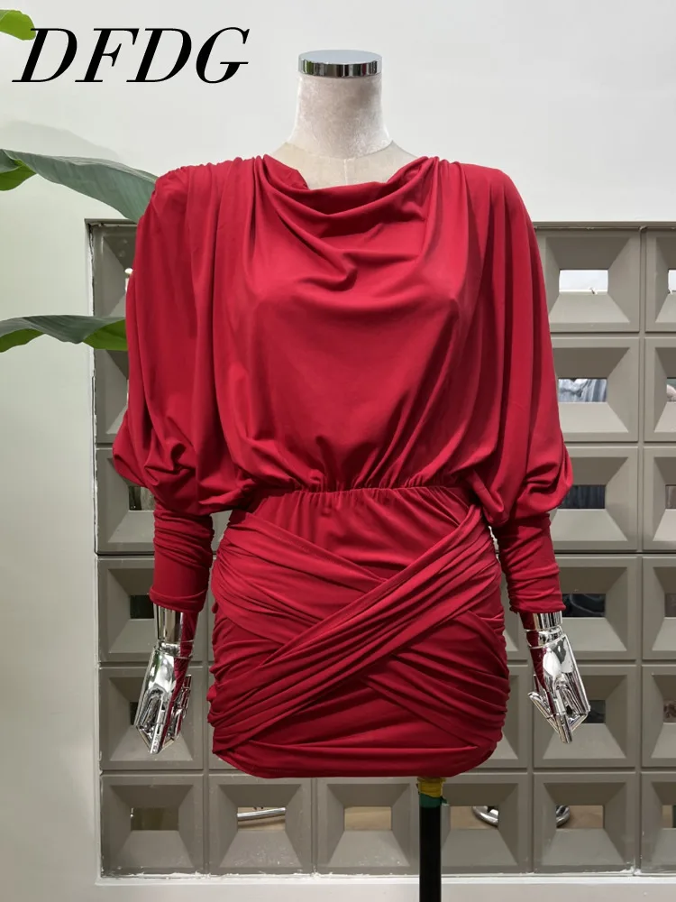 

DFDG 2025 Spring Summer Women’s Designer Bodycon Dress Ruffle Hem Stretch Mini Sexy Party Outfit Ruched Slimming Detail Dress