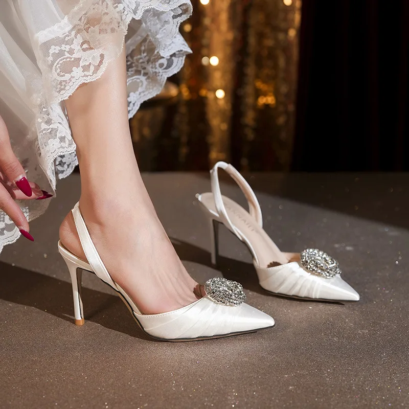 

French Pointed Toe Rhinestone Flower High Heel Sandals Satin Thin Heel Wedding Shoes for Women