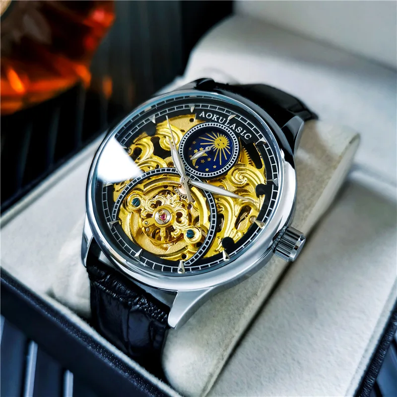 AOKULASIC Tourbillon Mens Watches Top Brand Luxury Skeleton Automatic Mechanical Watch Casual Leather Strap Sun Phase Male Clock