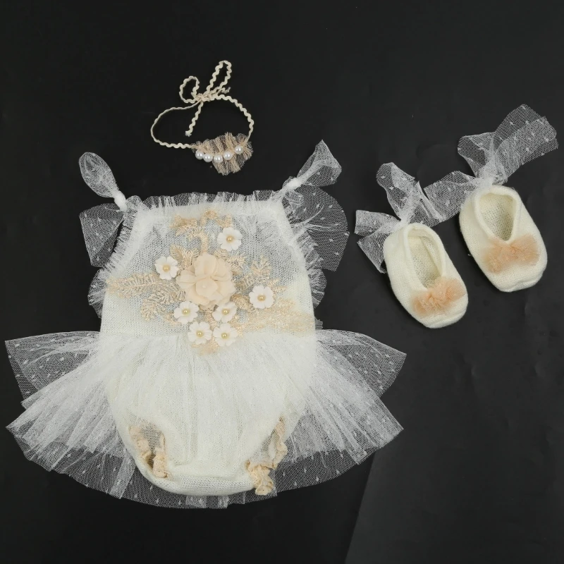 Baby Newborn Photography Props Girl Lace Princess Dress Outfit Romper Photo Clothing Headband Shoes Accessories