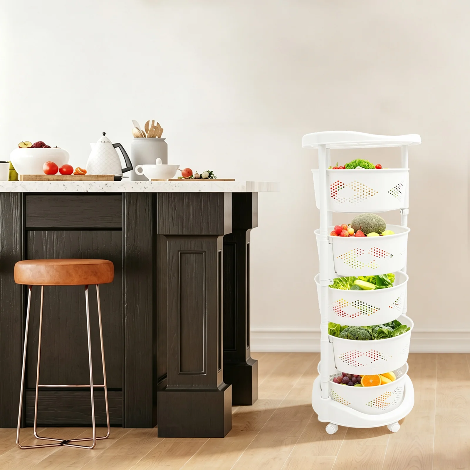 Modern White 5-Tier Rotating Storage Shelf, Floor Standing Storage Shelf, Storage Shelf Maximum Load Bearing Capacity: 50kg/110.23lbs For the Living room, Kitchen, Home decor, Bathroom
