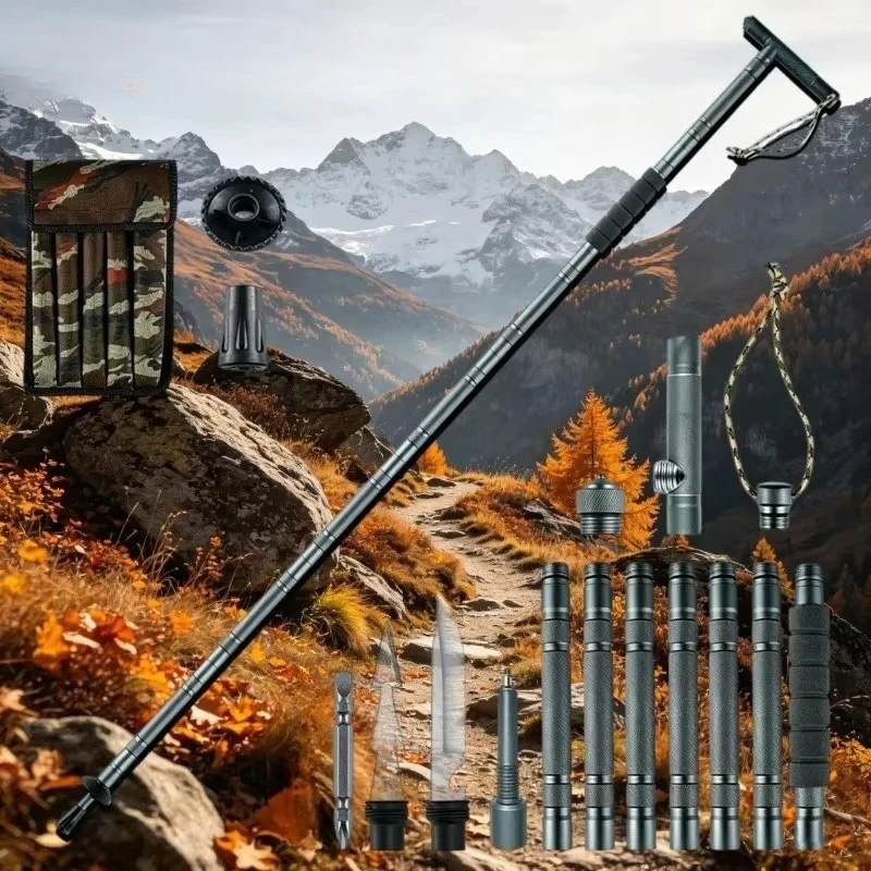Multifunction Adjustable Trekking Pole, T Grip Foldable Outdoor Support Gear for Hiking & Mountaineering