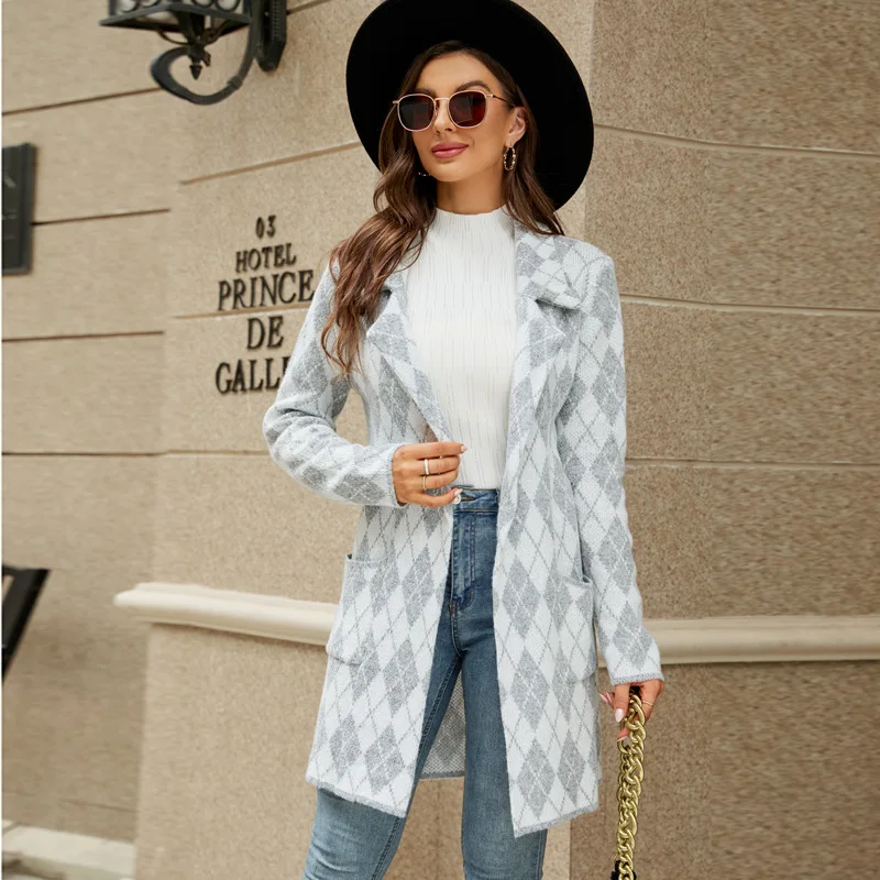 Women's Trench Coat 2023 Autumn And Winter New Contrast Color Thousand Bird Grid Commuter Casual Large Size Coat