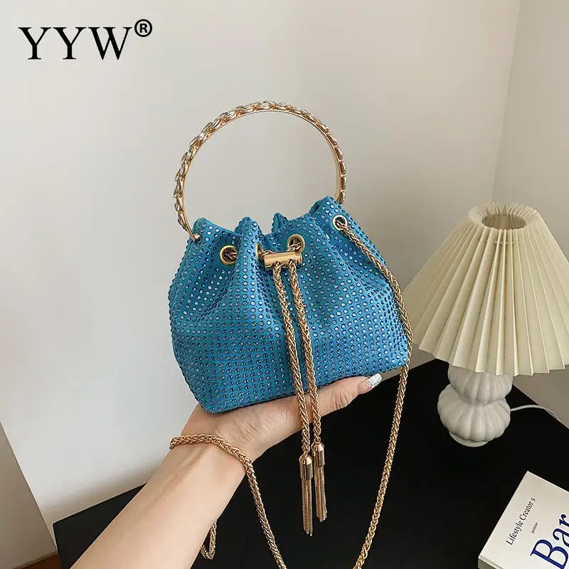 Diamonds Tassel Evening Clutch Bag Women Luxury Designer Chain Metal Ring Handle Shiny Crystal Bucket Purse Bridal Wedding Party