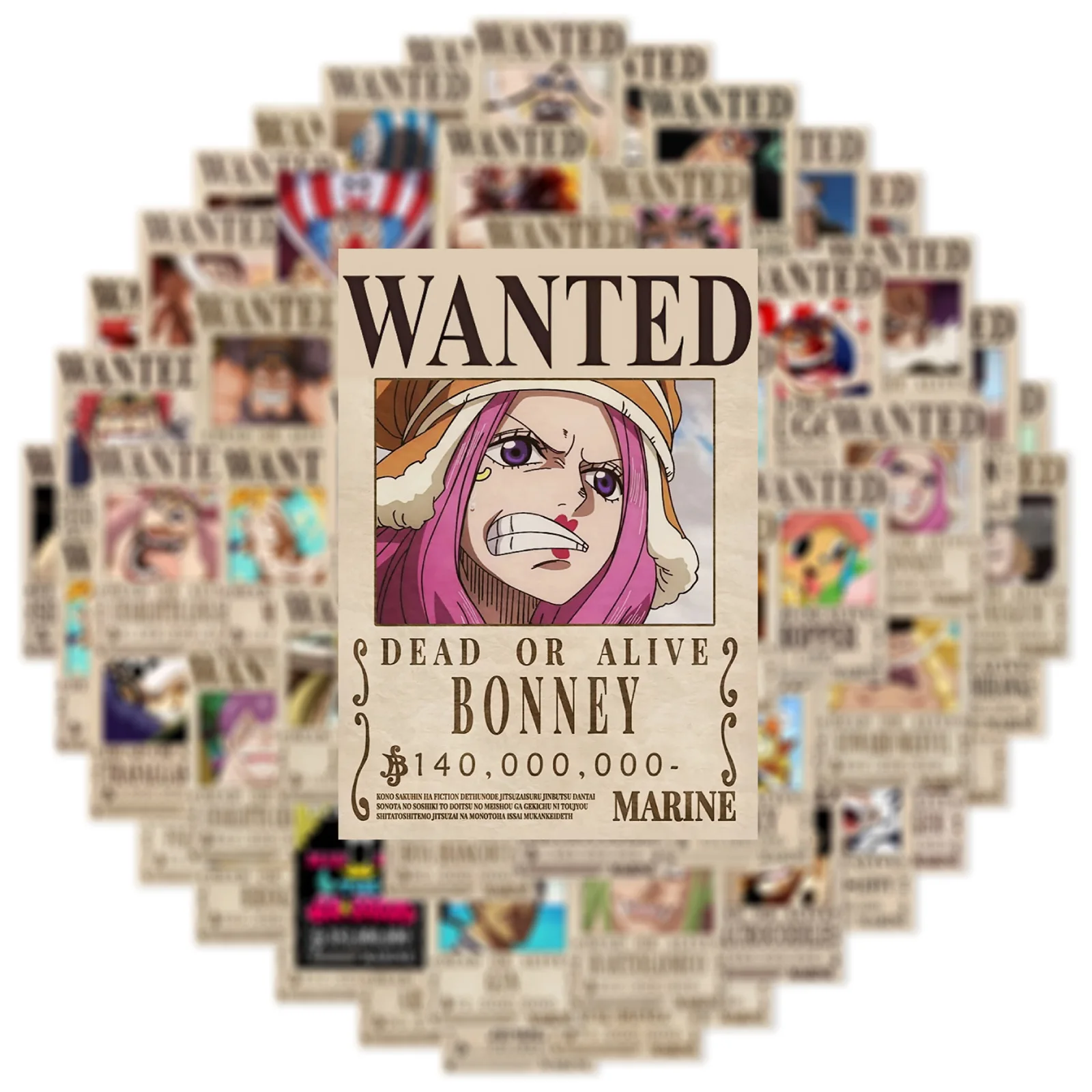 50PCS Anime One Piece Wanted Posters Stickers Cool Decal Decoration DIY Phone Suitcase Laptop Fridge Wall Graffiti Sticker