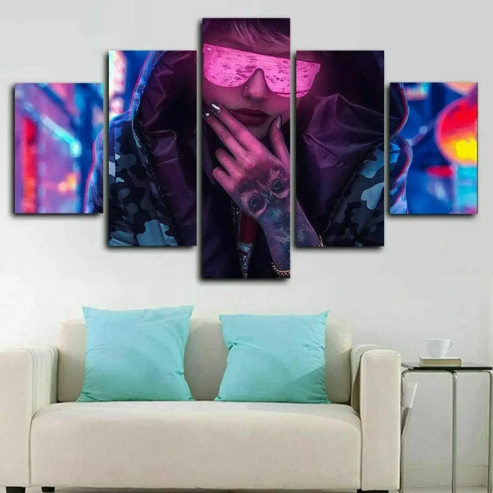 No Framed Cyberpunk Game Cool Tattoo Girl 5 Panel Picture Print Wall Art Canvas Painting Wall Decor for Living Room Poster