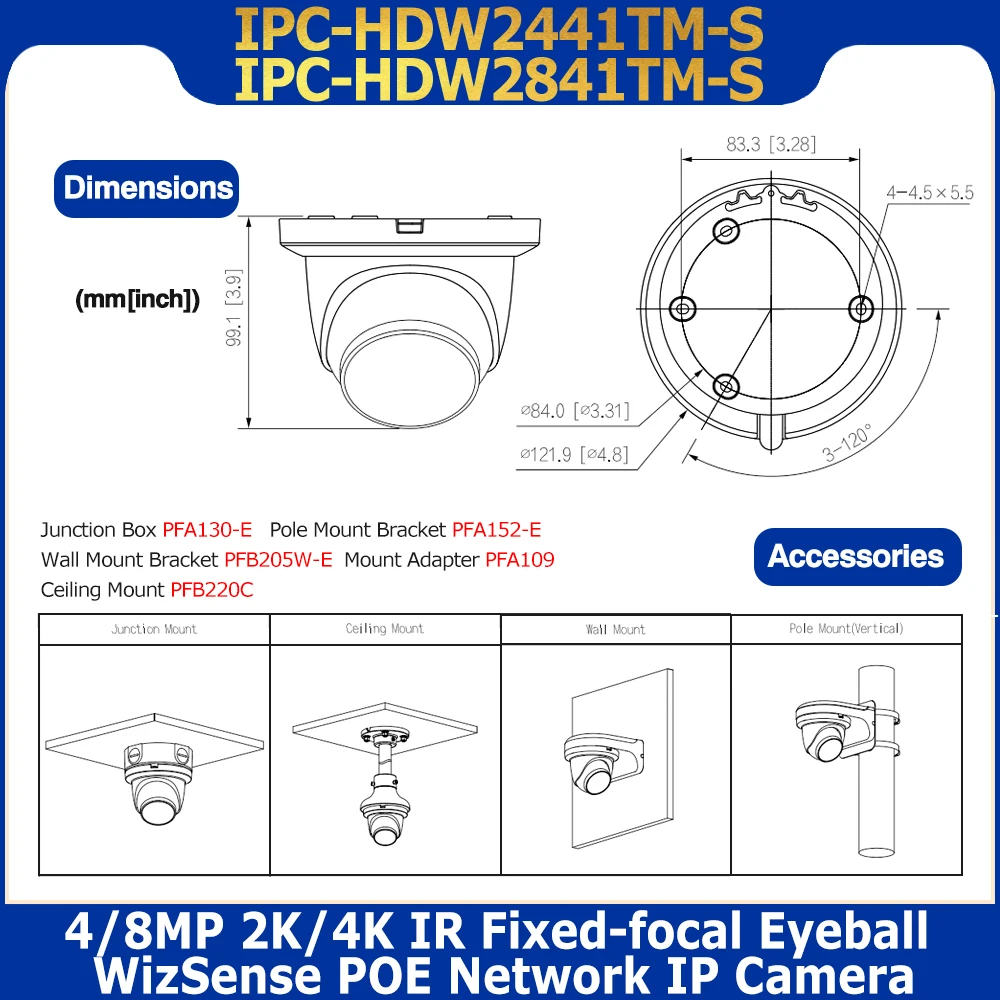 الأصلي داهوا 4MP IPC-HDW2441TM-S & 8MP IPC-HDW2841TM-S WizSense POE شبكة IP كاميرا IR 30M MIC SD فتحة SMD زائد IVS H.265