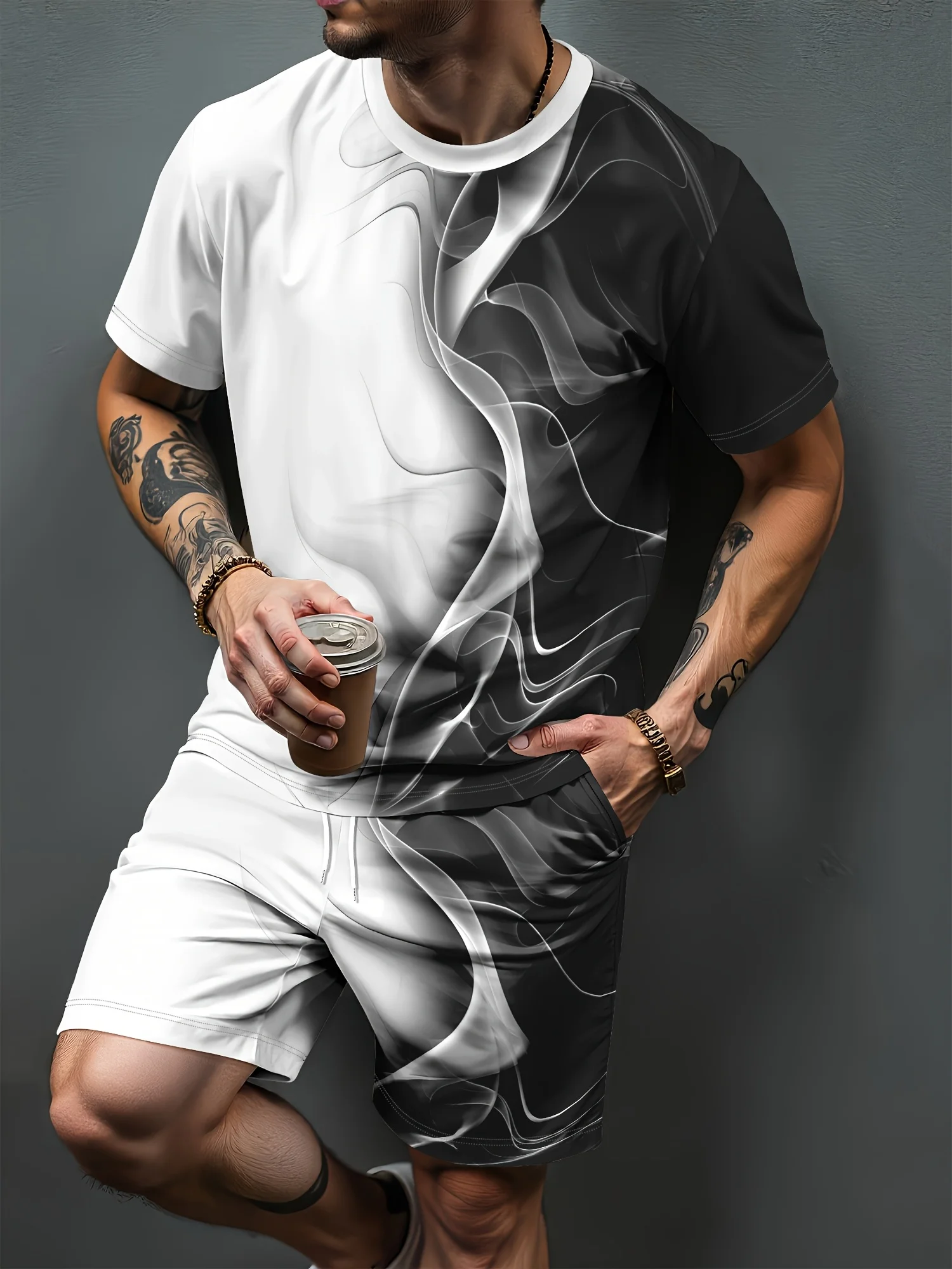 

New Fashion Men's Textured Print T-Shirt and Shorts Set Mens Plus Size Short-Sleeve T-Shirt with Drawstring Shorts Two-Piece Set