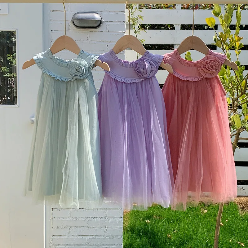 Summer New French Style Rose Sleeveless Girl's Dress Sweet and Stylish Mesh Princess Dress