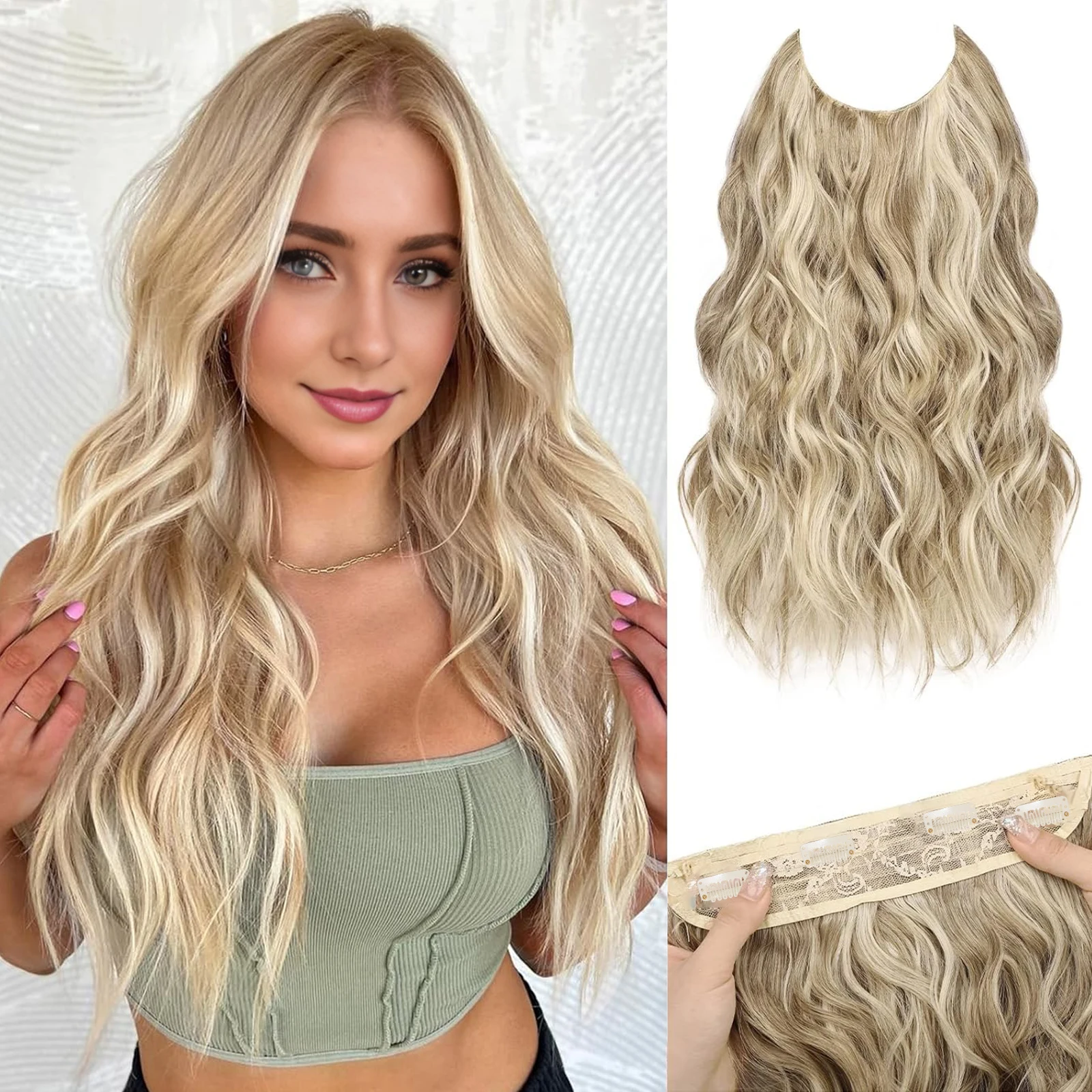 

20 Inch Invisible Wire Hair Extensions Long Wavy Fish Line Clip in Hair Extensions Adjustable Size 4 Secure Clips in Hairpiece