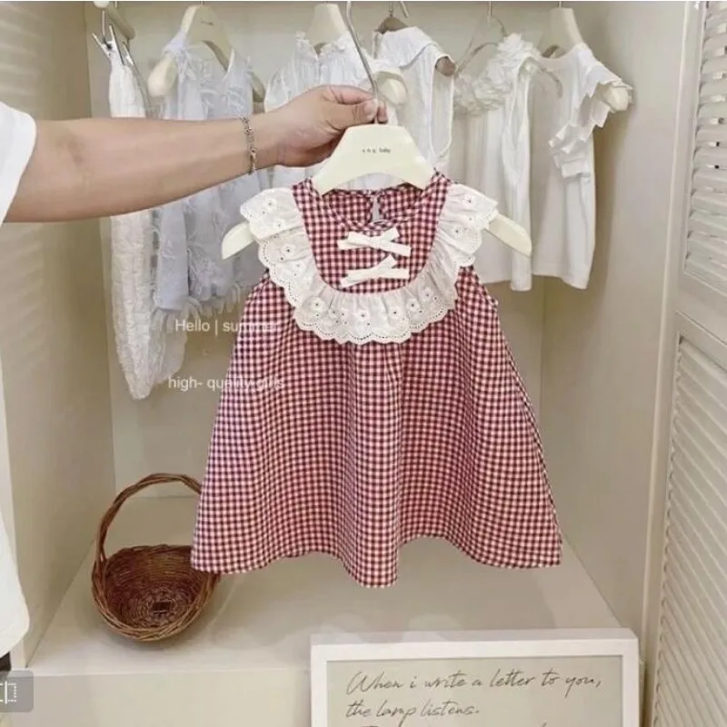 Bellbell Summer Children Girl Sleeveless Dress Kid Girl Red Plaid Lace Princess Dress Round Collar 2-8Y Little Girl Bow Sundress