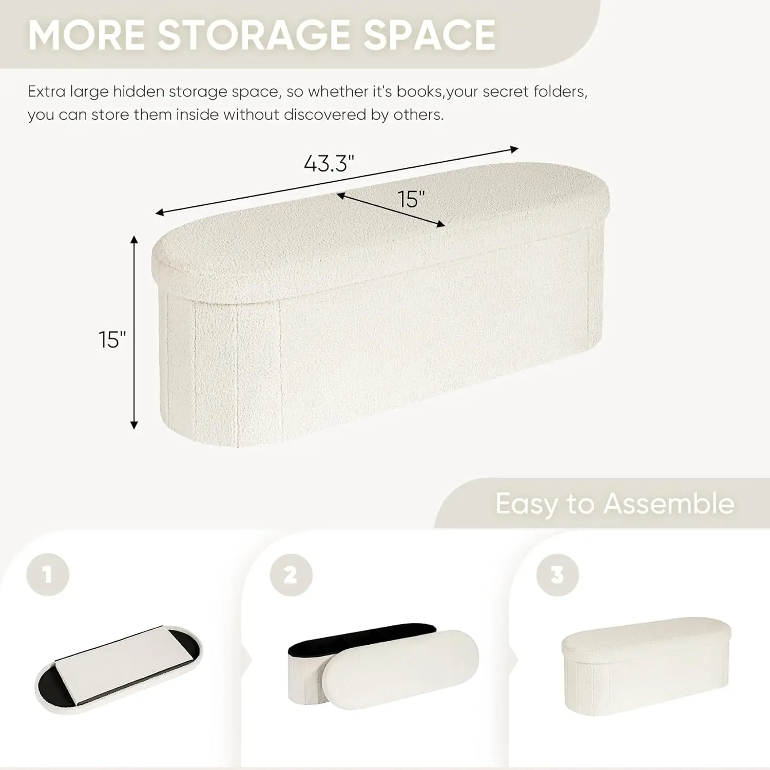 Otomano dobrável branco de 43,3 polegadas com armazenamento, apoio para os pés Sherpa para sala de estar e quarto