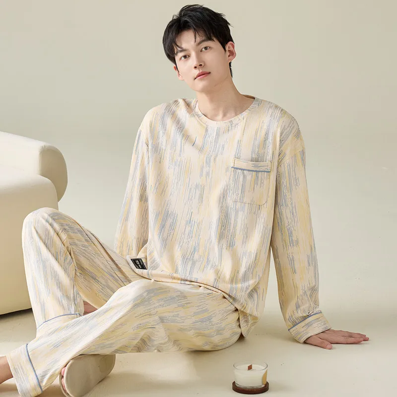 2025 New Pure Cotton Nightwear for Men Big Size L-4XL Pajamas Set Long Sleeves Trouser 2Pcs Sleepwear Young Boy Pijamas Hombre
