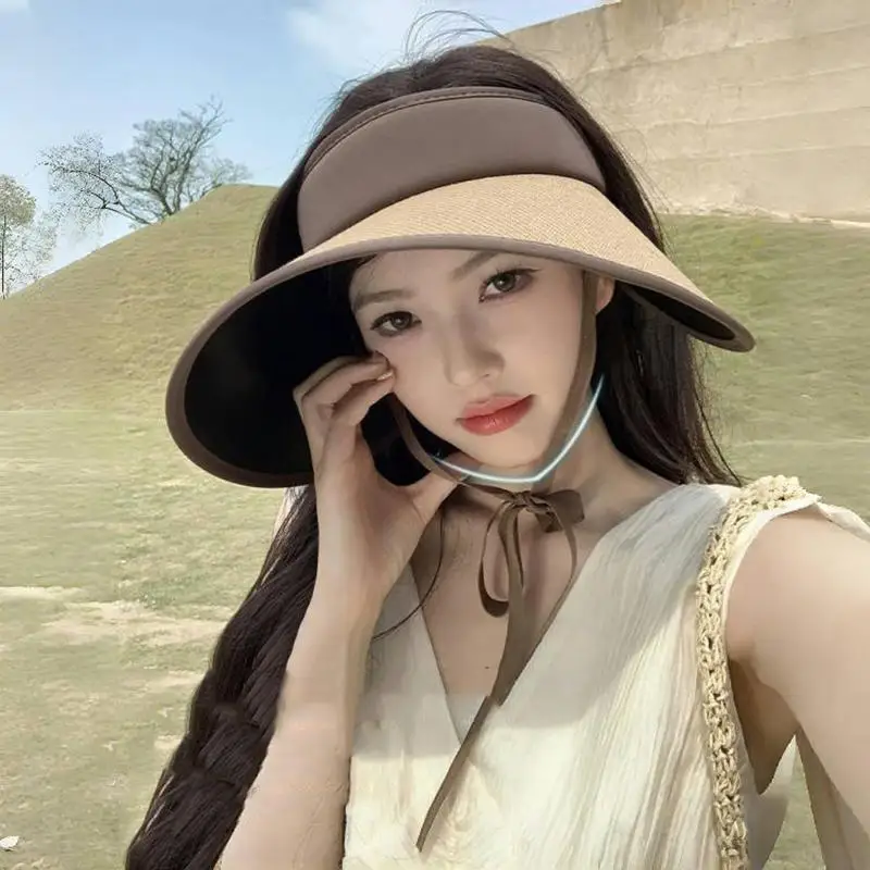 [New] Summer Women's Big Brim Vinyl Empty Top Hat Foldable Riding Shade Surround Hat Straw Hat Removable Sunscreen Hat