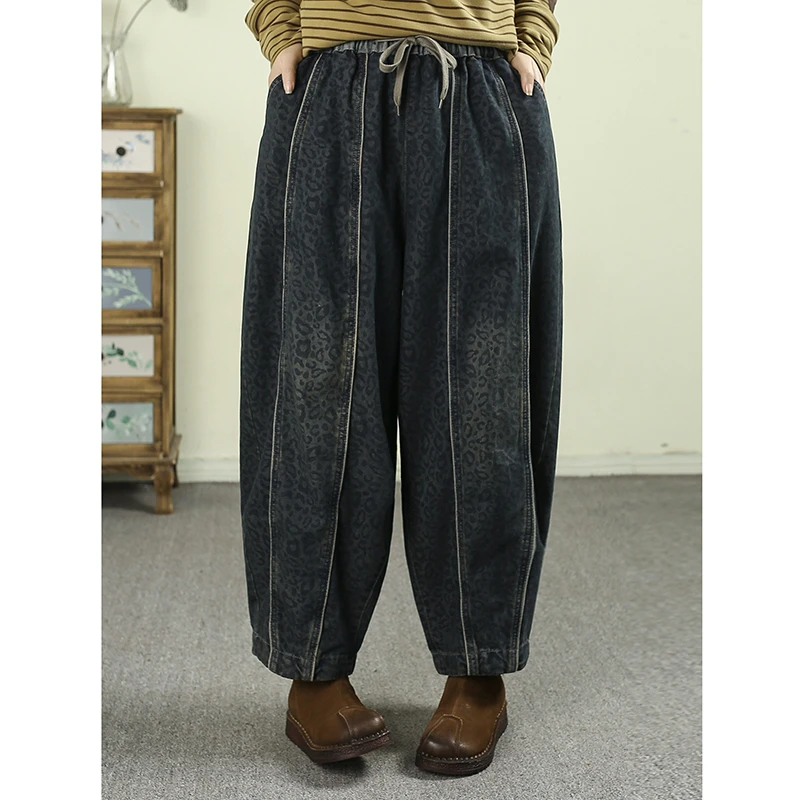 26 New Arrival Spring Arts Style Women Leopard Print Ankle-length Pants Jeans Elastic Waist Casual Loose Harem Pants Jeans Q112