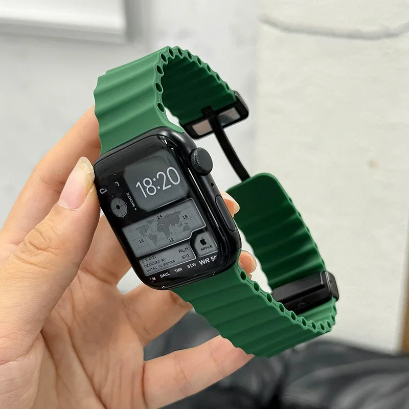 สําหรับ Apple Watch 10 9 8 7 Ultra Band 46 มม.45 มม.49 มม.44 มม.41/42 มม.ซิลิโคนแม่เหล็กสร้อยข้อมือกีฬา iWatch Series SE 6 Ocean สายคล้อง