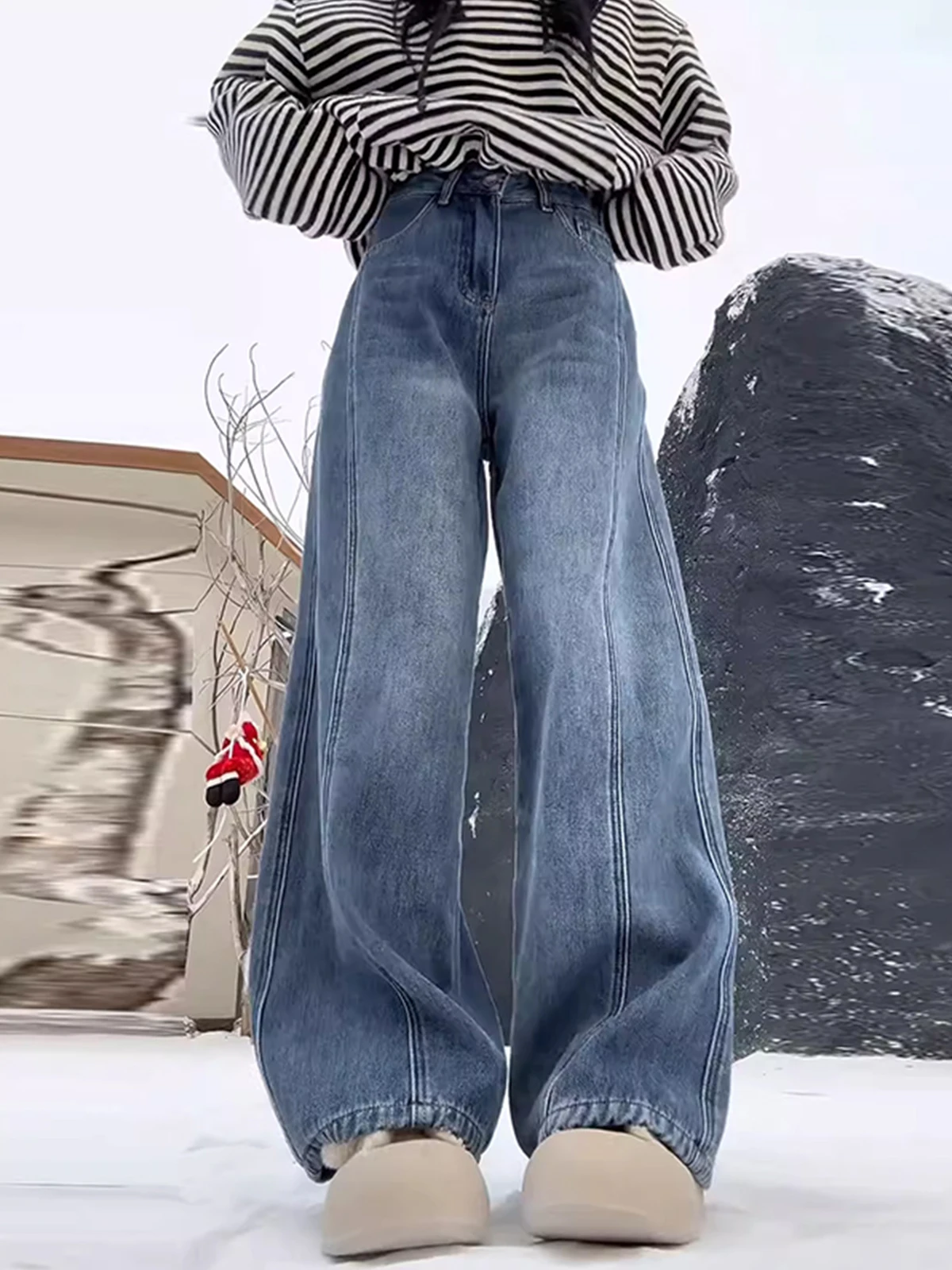 

Синие джинсы с широкими штанинами на флисовой подкладке, женские зимние винтажные джинсы с высокой талией, свободные, прямые, удлиненные, визуально стройнящие