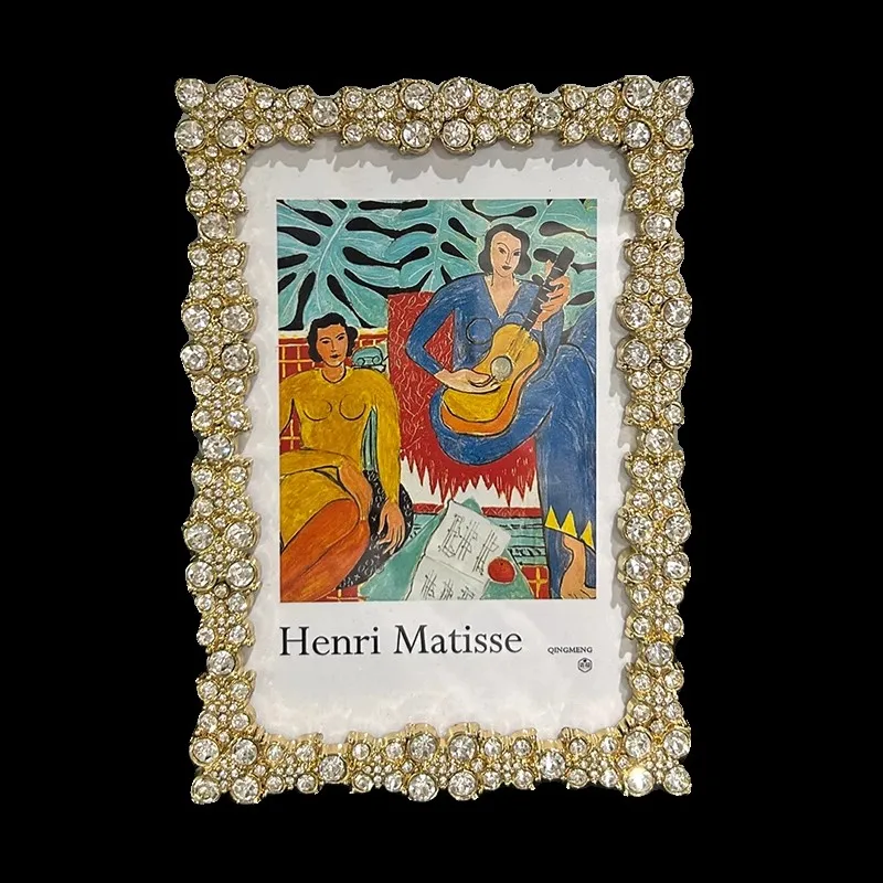 6-Inch Picture Frame, Simple Gold Metal Frame, Diamond Inlaid Rectangular Decorative Table American Style Light Luxury Ornament