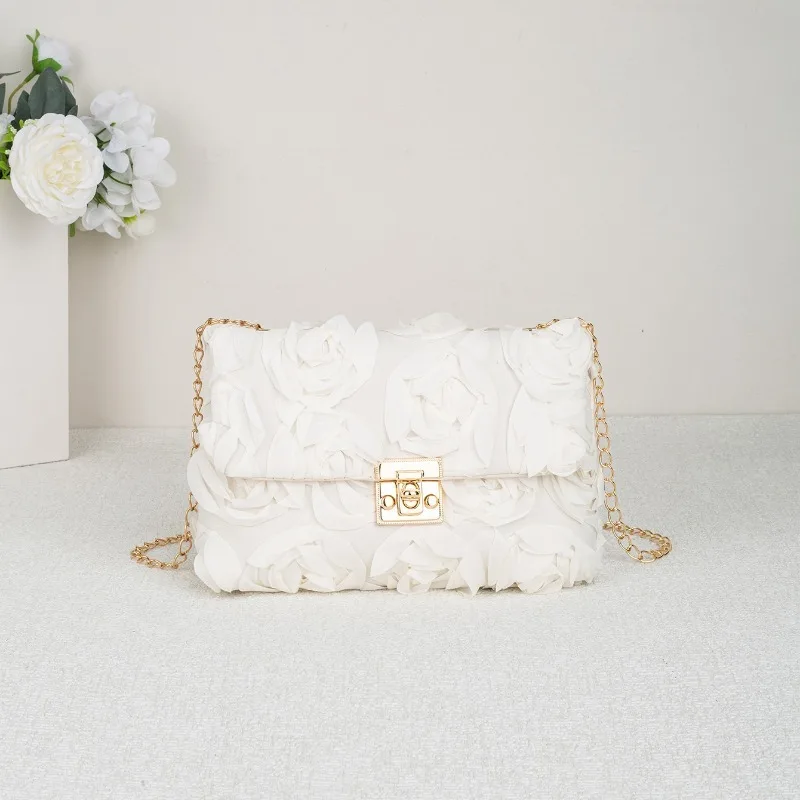 3D Rose Floral Satin Evening Bag with Gold Clasp Detachable Chain Strap Flap Closure Crossbody Purse for Wedding Party Prom view 6