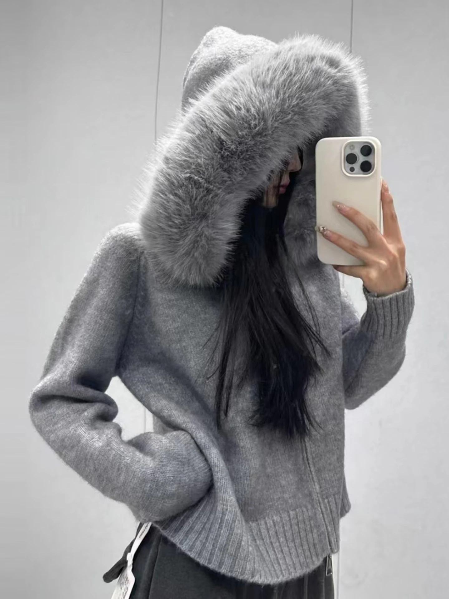 معطف نسائي محبوك مع ياقة فرو، تصميم جديد للخريف والشتاء، كارديجان قصير محبوك، معطف سترة أنيق وعصري