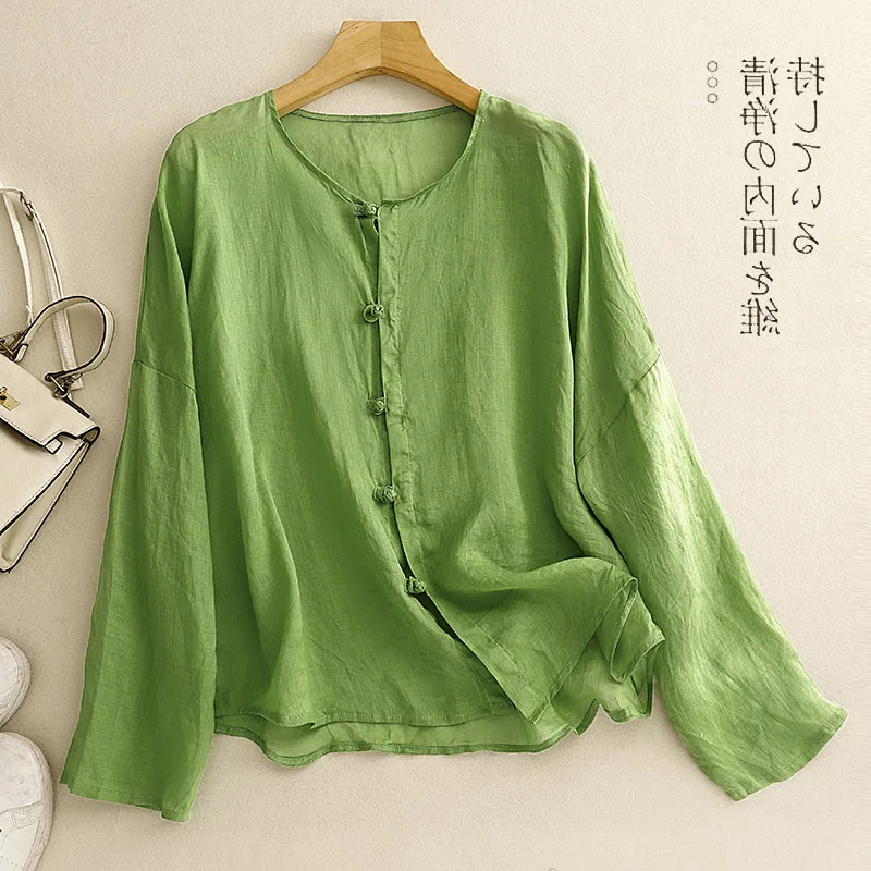 

Chinese Sle Loose Fit Long Sve Cotton Linen irt round Ne Button up Breathable Sun Protection Top Women's Summer Faion