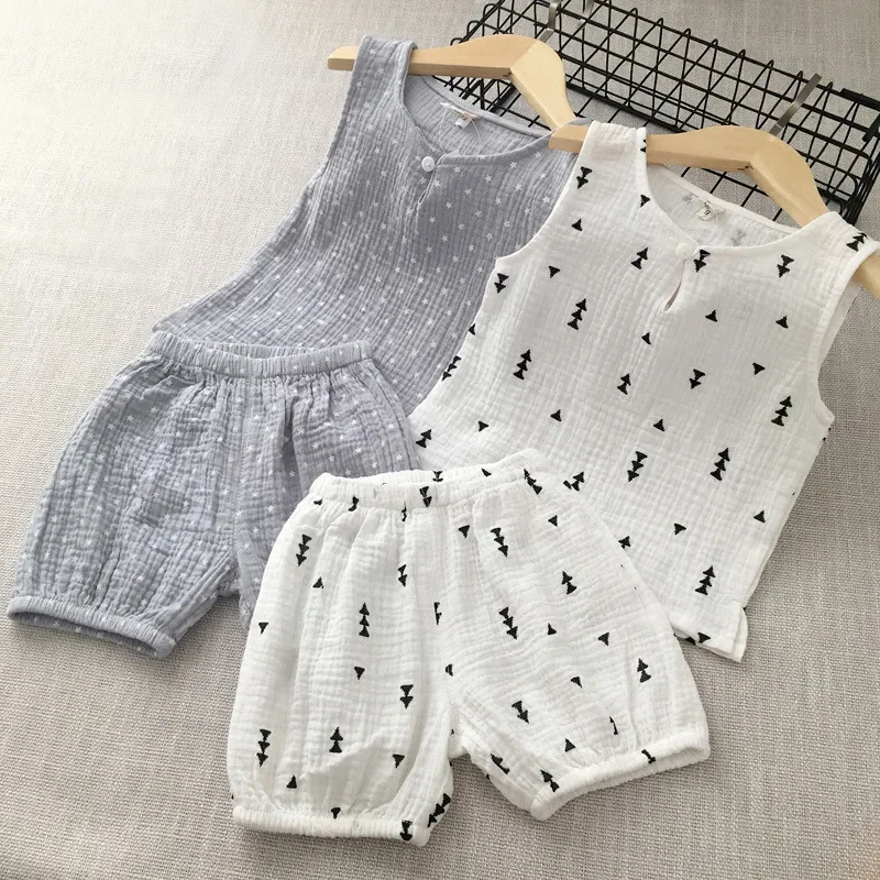 

2025 Summer Kids Vest Shorts Muslin Clothing Set for Boys Girls Two-Pieces Korean Leisure Wear Children Outfit Sets