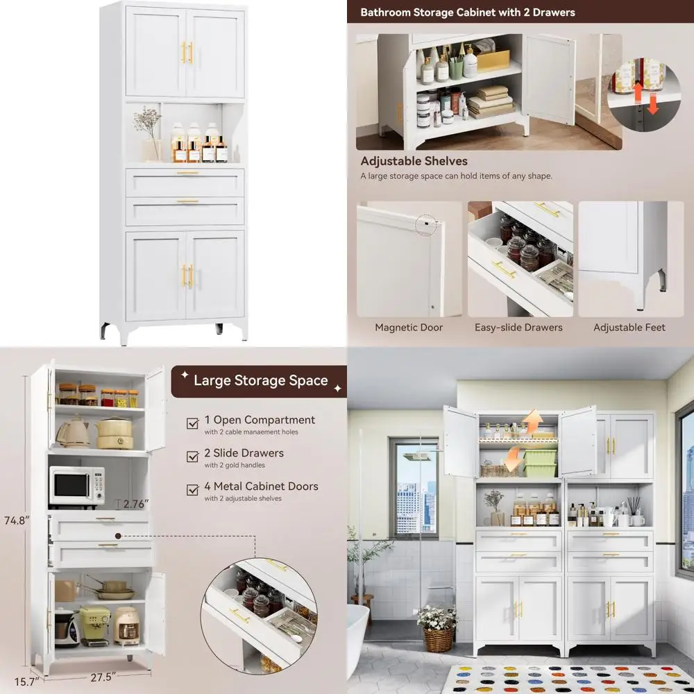 75” Tall Kitchen Pantry Storage Cabinet, Metal Bathroom Storage Cabinet with 2 Drawers and Adjustable Shelves, Kitchen Pantry Cu