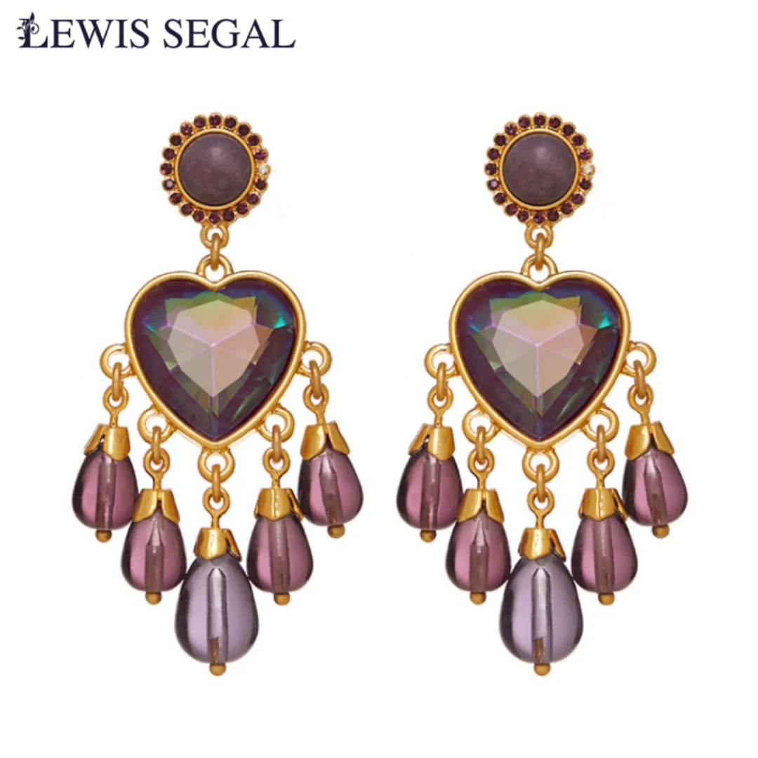 

LEWIS SEGAL Love Heart Gemstone Tassel Dangle Earrings for Women Girl Luxury Medieval Style Vintage Fine Jewelry 18K Gold Party