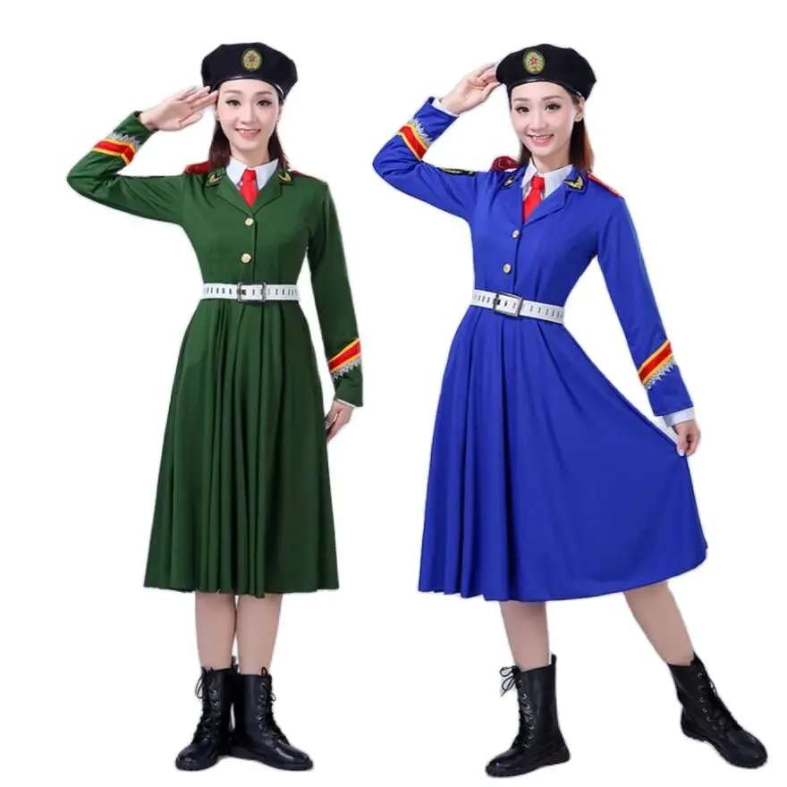 Disfraz de actuación del ejército de China para mujer, uniforme militar, ropa de soldado, ropa de escenario de coro de fotografía