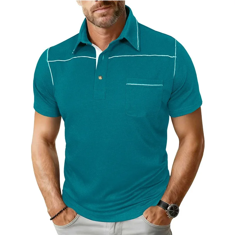 

New European and American Large Size Men's Fashion Lapel Short-sleeved POLO Shirt Tops Men Pocket Polo Suit