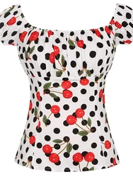 Women Summer Vintage Tops 50S 60S Rockabilly Top Polka Dot Cherry Print Elegant Casual Shirts for Office Lady Alt Clothes