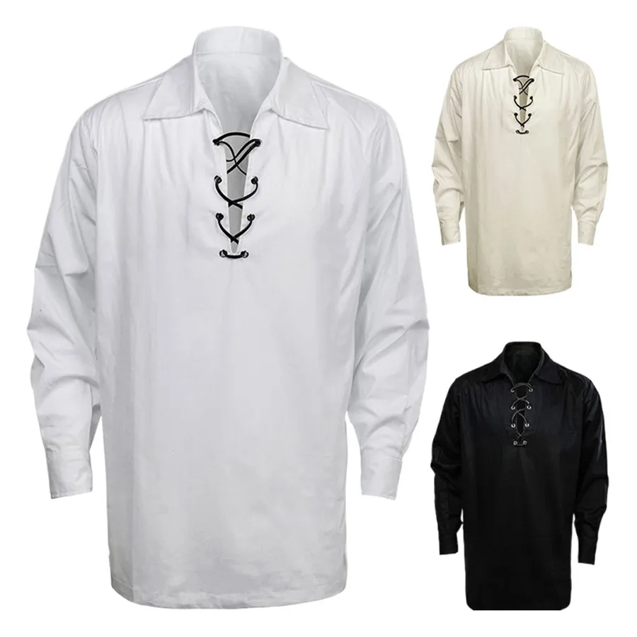 

Vintage Medieval Renaissance Long Sleeve Shirts for Men Fashion Solid V-neck Lace Up Casual Pullover Tops Men's Cosplay Costumes