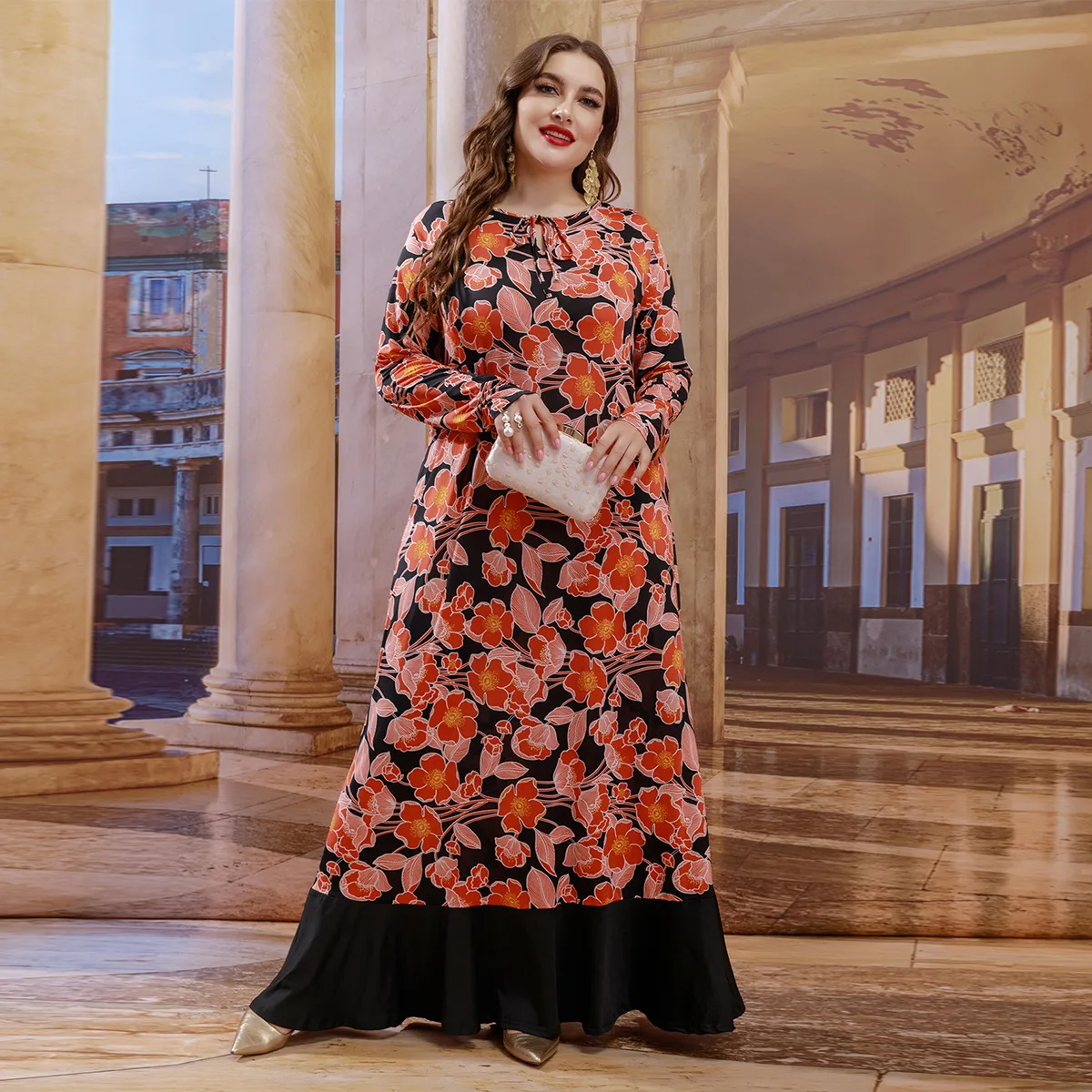 

Fashion Printed Long Dress Muslim Plus-size Women Dress Pullover Dubai Abayas Middle Eastern Saudi Arabia Women Clothes Vestidos