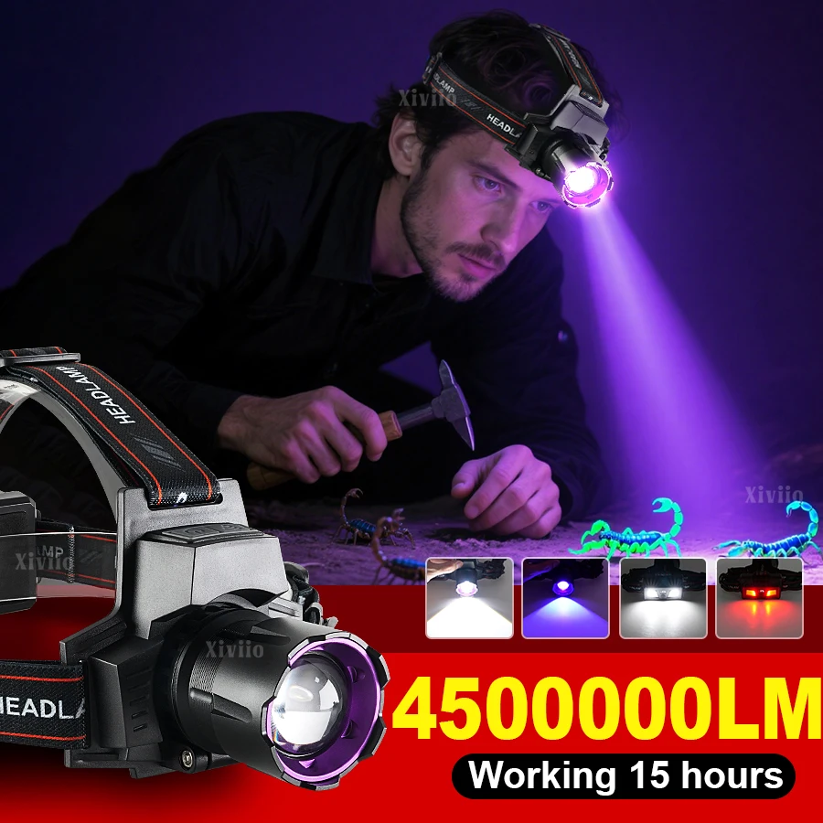ไฟฉายคาดศีรษะที่ทรงพลังที่สุด 4500000LM ไฟฉายคาดศีรษะแบบชาร์จไฟได้ 18650 ไฟฉายคาดศีรษะกำลังสูง ไฟฉายคาดศีรษะ UV สำหรับตั้งแคมป์ ล่าสัตว์