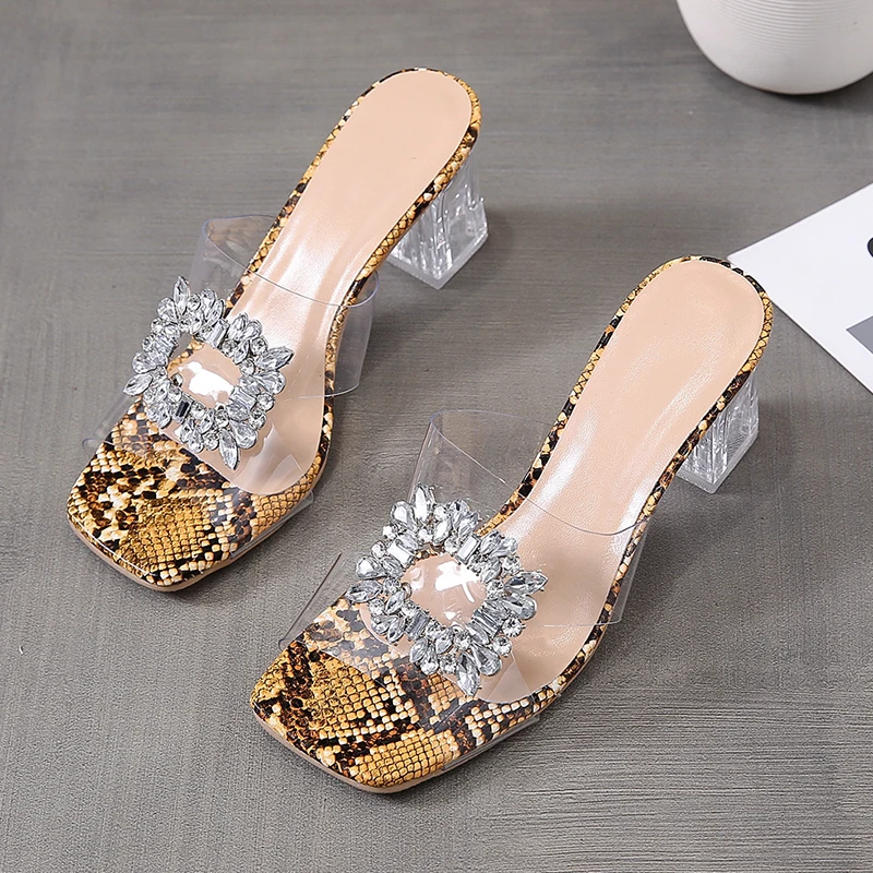 

2023 Women's Slippers New Summer Fashion Thick Heels Women's Outer Wear Rhinestone Snake Pattern High Heels Plus Size 35-43